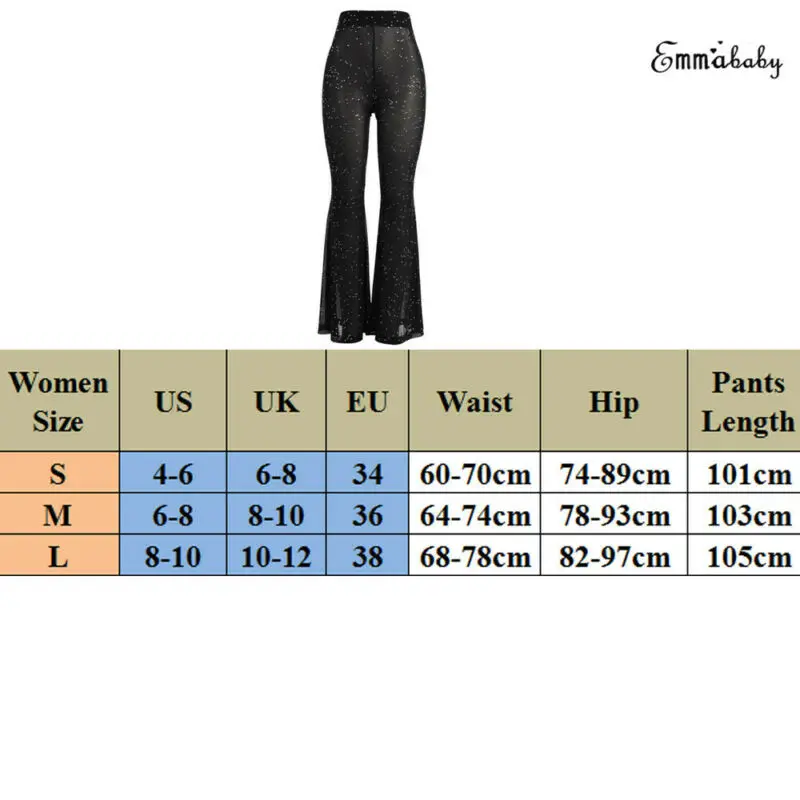 

Womens Summer Beach Mesh Sheer Pants See Through High Waist Pants Flare Pant Trousers Sequin Pantalone Femme