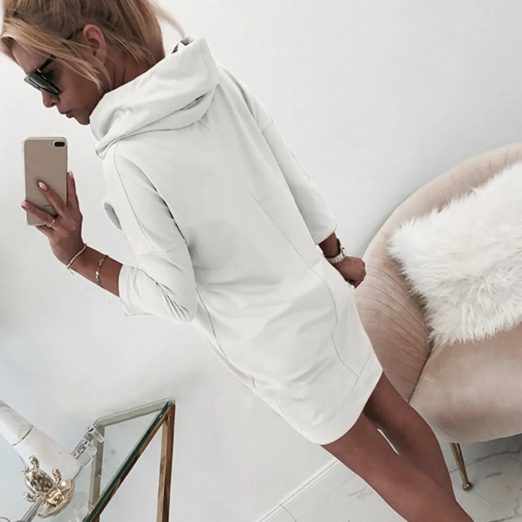 Зимний женский однотонный пуловер с длинным рукавом спортивное платье