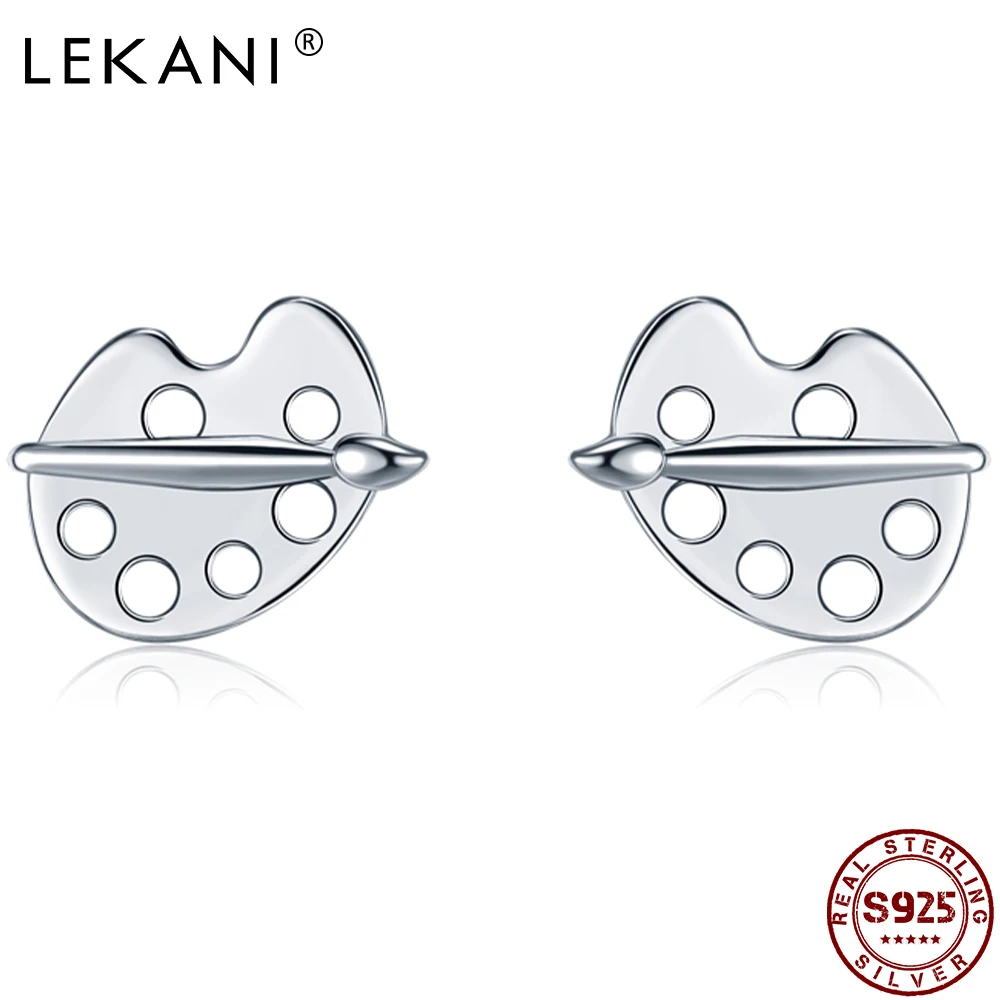 

LEKANI Genuine S925 Sterling Silver Stud Earrings For Women Hollow Color Palette And Brush Creative Silver Earrings Jewelry