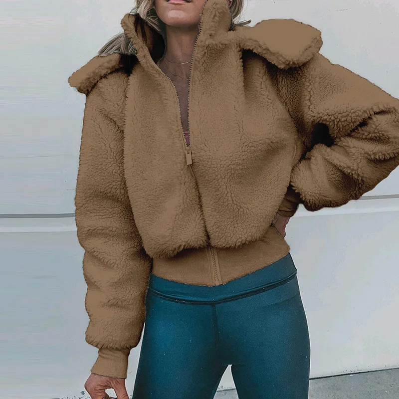 

Women Solid White Turban Turn Down Collar Jacket Lady Front Pockets Zipper Plush Sweet Outwear Autumn Fashion New Trend 2021