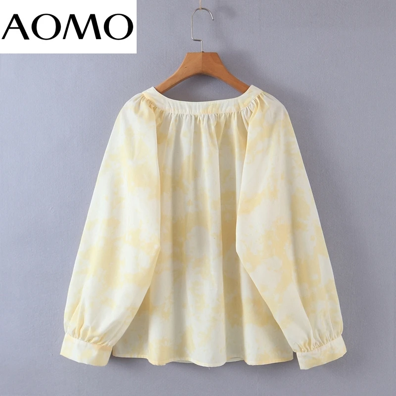 

AOMO Women Vintage Yellow Tie Dyed Print Long Shirt Long Sleeve 2021 Chic Female Casual Loose Shirt RB60A