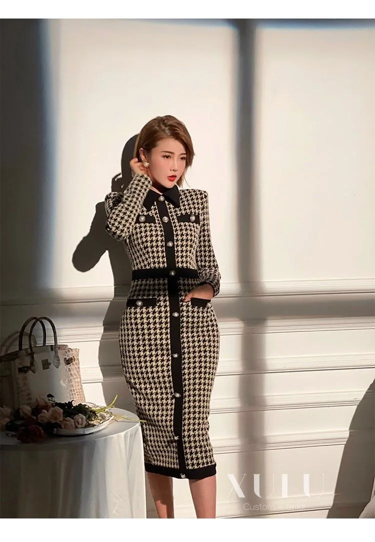 Женское платье-миди с принтом гусиные лапки