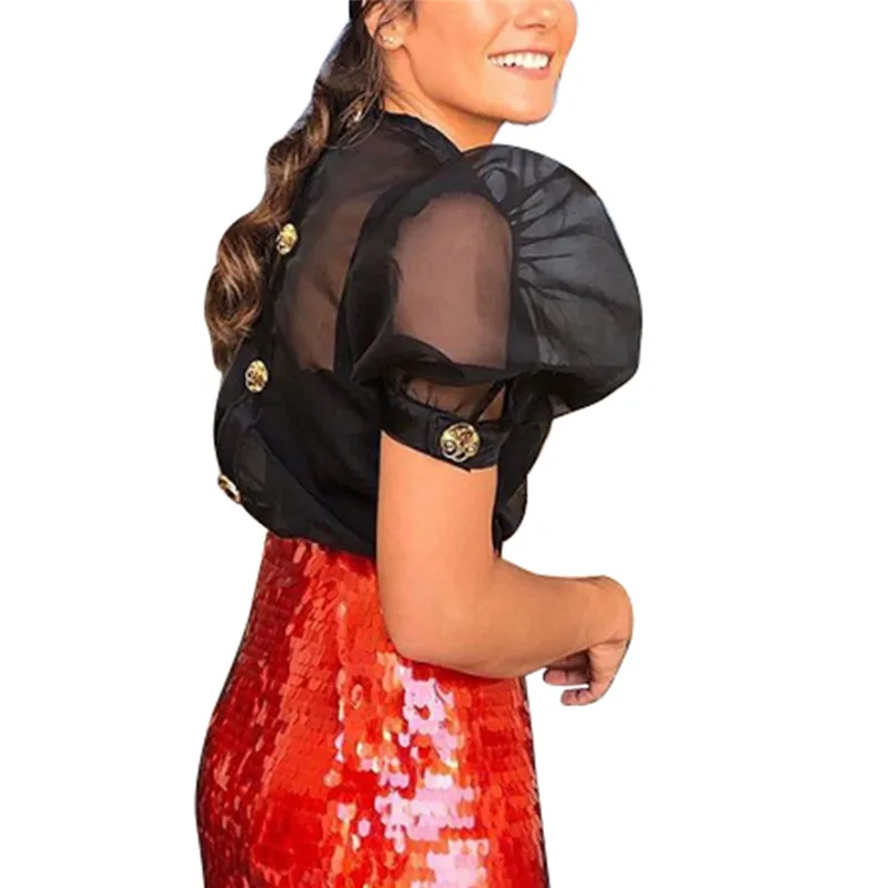 Модная женская однотонная прозрачная блузка с коротким рукавом сексуальная