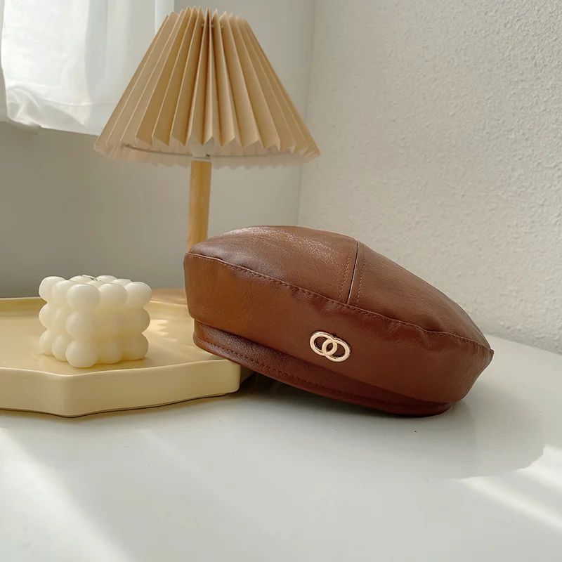 Весенняя осенняя мода Pu кожаная беретка для женщин, всегда актуальная ретро-шапочка в форме октагональной тыквы, женская девочка, повседневная шляпка для шопинга художника.