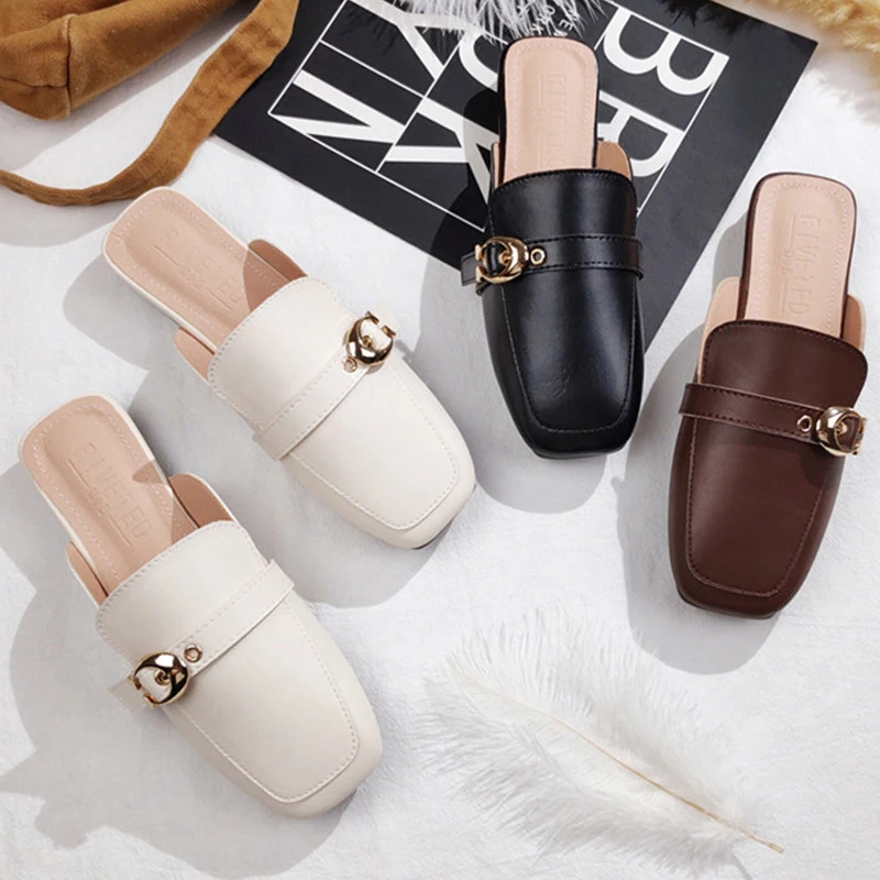 

Female Summer Square Mules Shoes Fashion Low Heel Leather Slippers Women's Black Lazy Slides Ladies Designer Flip Flops EU31-44