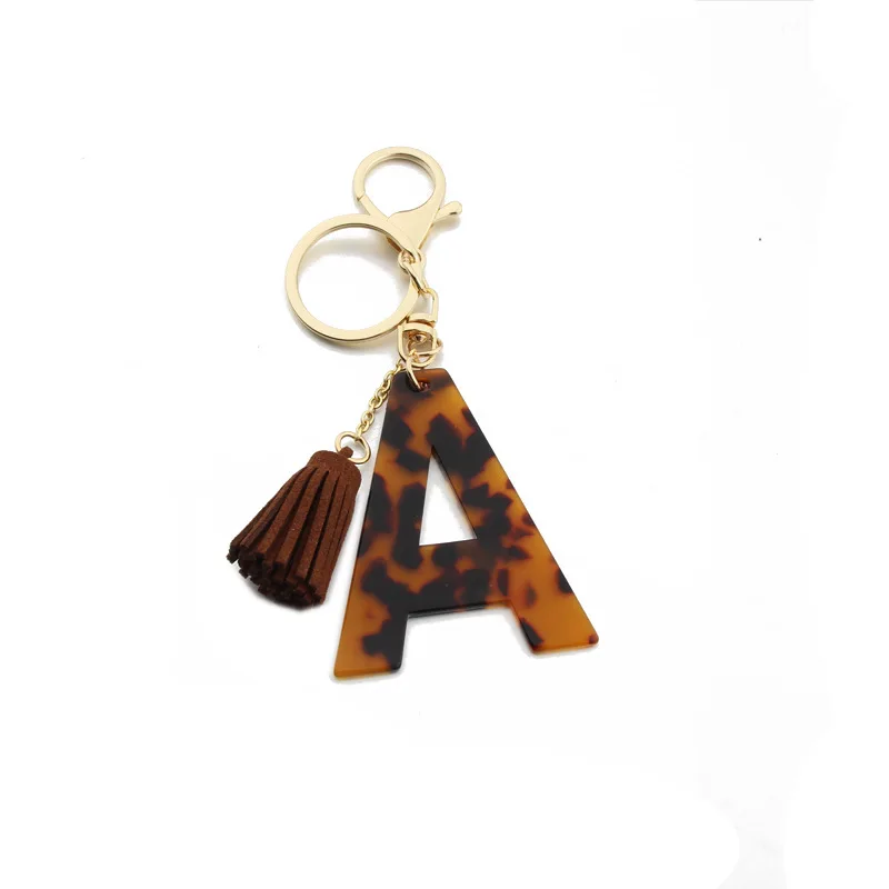 

Vintage Brown Leopard Pattern Resin Letter A-Z Keychain Women Men Gold Lobster Clasp Ring Tassel Key Chain Backpack Bag Pendant