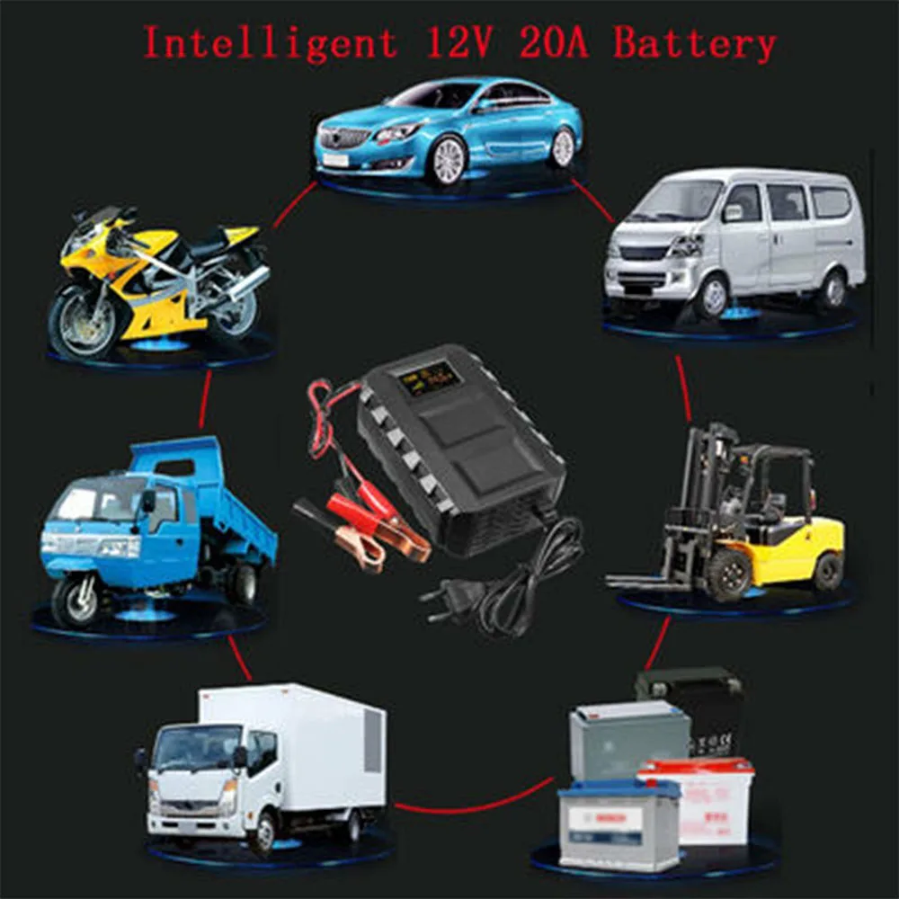 Автомобильный мотоцикл 12V 20A интеллектуальное зарядное устройство с ЖК-дисплеем Agm гель влажный свинцово-кислотный аккумулятор зарядка