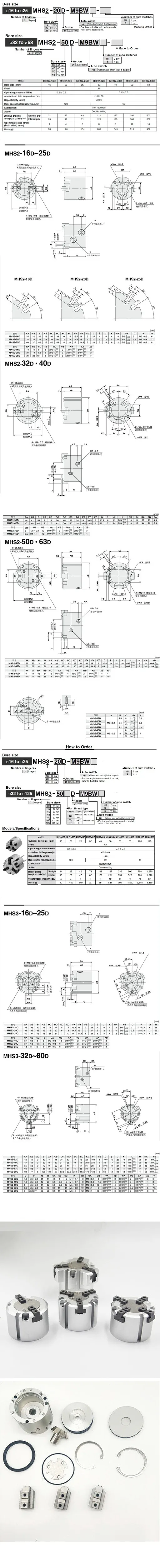 MHS2/MHS3/MHS4 серии 2/3/4 палец пневматический захват SMC Замена двойного действия вращающийся цилиндр 16D/20D/25D/32D/40D/50D