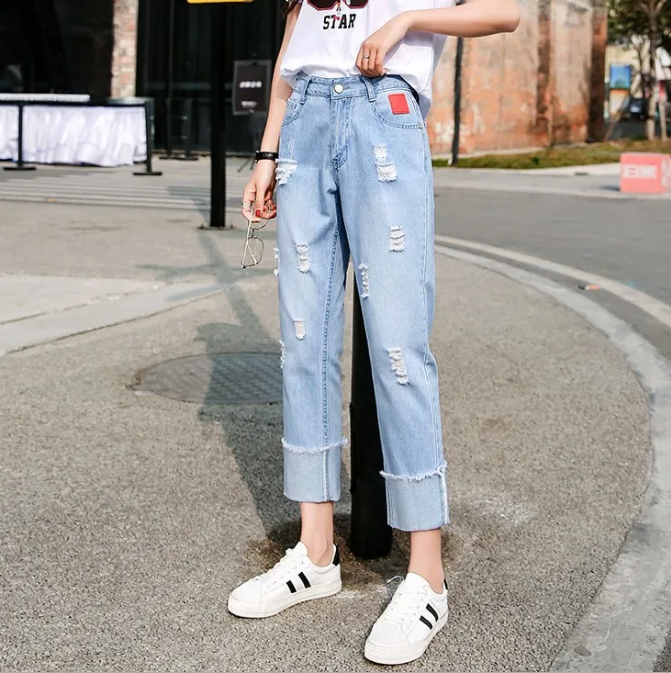 Женские джинсовые облегающие брюки джинсы с высокой талией рваные до колена