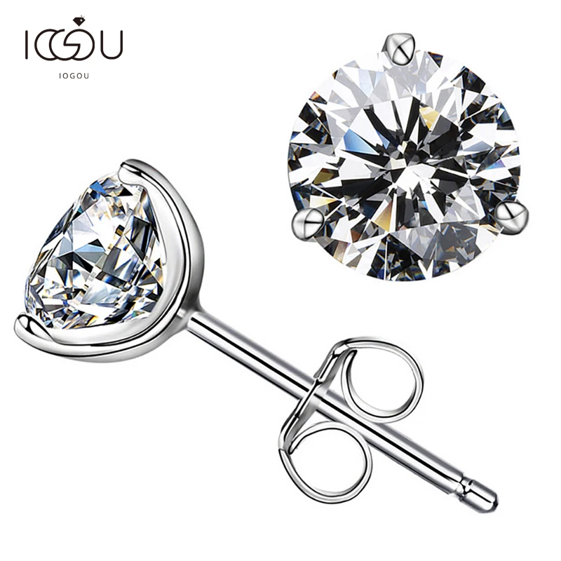 

IOGOU Fashion 925 Sterling Silver 6mm Round Earrings 3 Claws Simulated Diamond Stud Earring Women Wedding Party Lady Jewelry