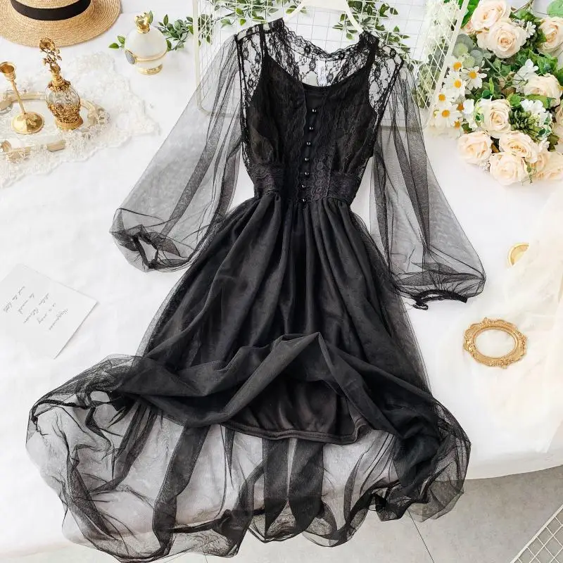 Женское Сетчатое кружевное платье с длинным рукавом повседневное облегающее v