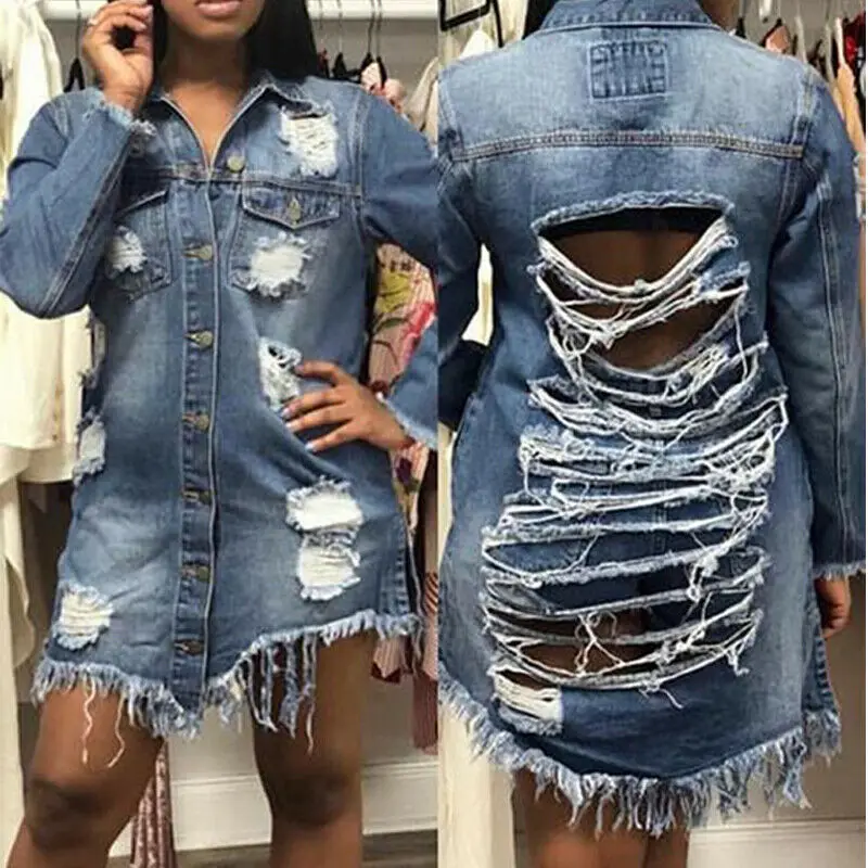 

Fashion Women Ladies Solid Hole Button Denim Oversized Distressed Ripped Detail Boyfriend Denim Jacket Autumn Winter Coat S-3XL