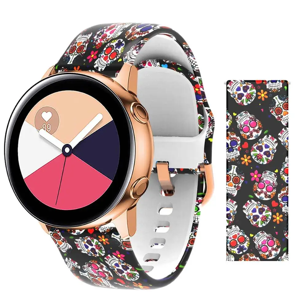 20 мм ремешок для samsung Galaxy Active Watch Band Мягкие силиконовые в форме цветка Печать Спортивный Мягкий ремень цветок браслет с принтом ремешок - Цвет ремешка: color skull