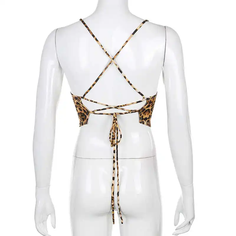 

Leopard Pattern Women Tank Tops Backless Sexy Rave Outfits Sleeveless Cross Lace Up Bralette Crop Top Summer Streetwear