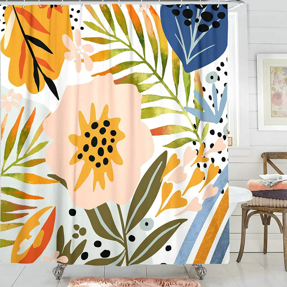 

Flower Plant Leaf Shower Curtain Modern European Abstract Floral Colorful Art Bathroom Waterproof Polyester Screen With Hooks