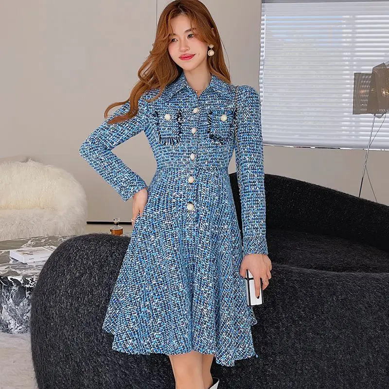 

COIGARSAM Women Dress Winter 2021 New Office Lady Korea Style Vintage Long Sleeve Plaid Single Breasted High Waist Blue Dresses