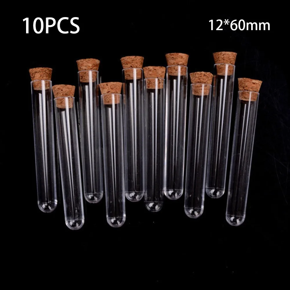 

eCos 10pcs/lot 12*60mm Transparent Plastic Round Bottom Test Tube With Cork Stoppers Empty Scented tea Tubes #280735