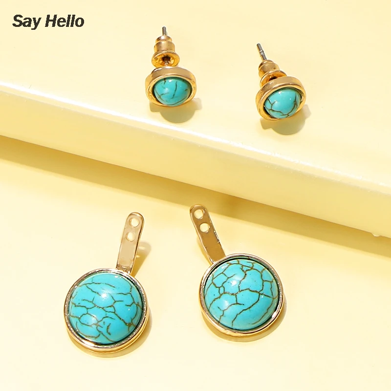 SAY HELLO Boho Green Turquoises Round Stud Earrings for Women Female Metal Stone Geometric Dangle Drop Brinco E40210 | Украшения и