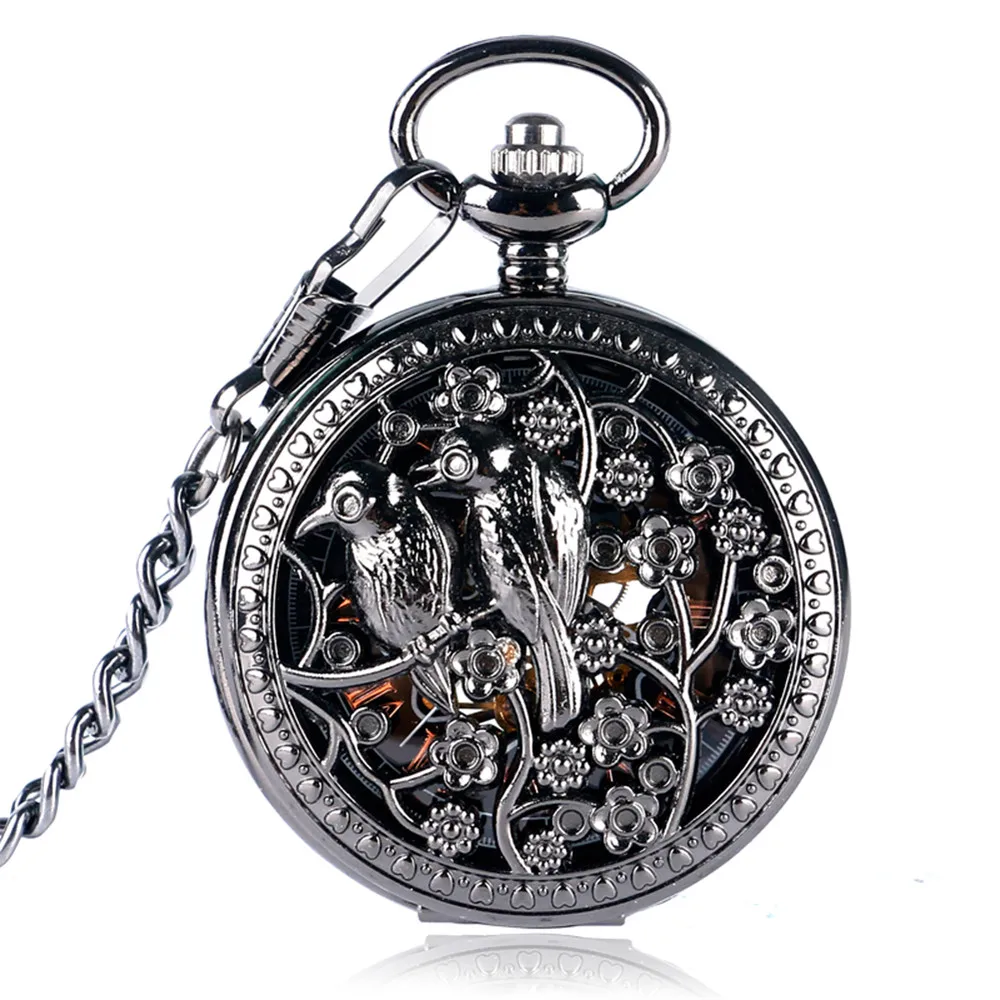 Exquisite Hollow Flower Birds Manual Mechanical Pocket Watch Vintage Black Pocket Chain Antique Pocket Timepiece Gifts Male