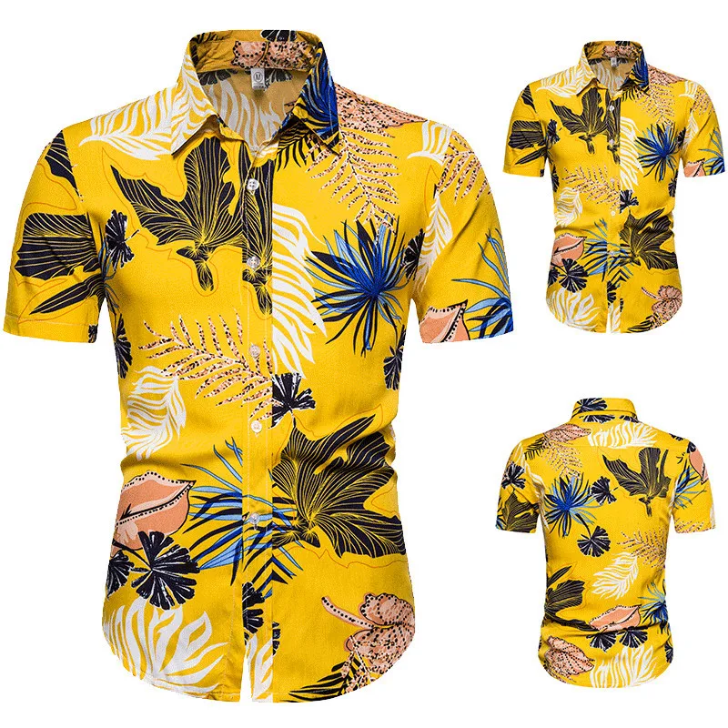 2022 летняя желтая Гавайская Мужская рубашка с принтом листьев коротким рукавом