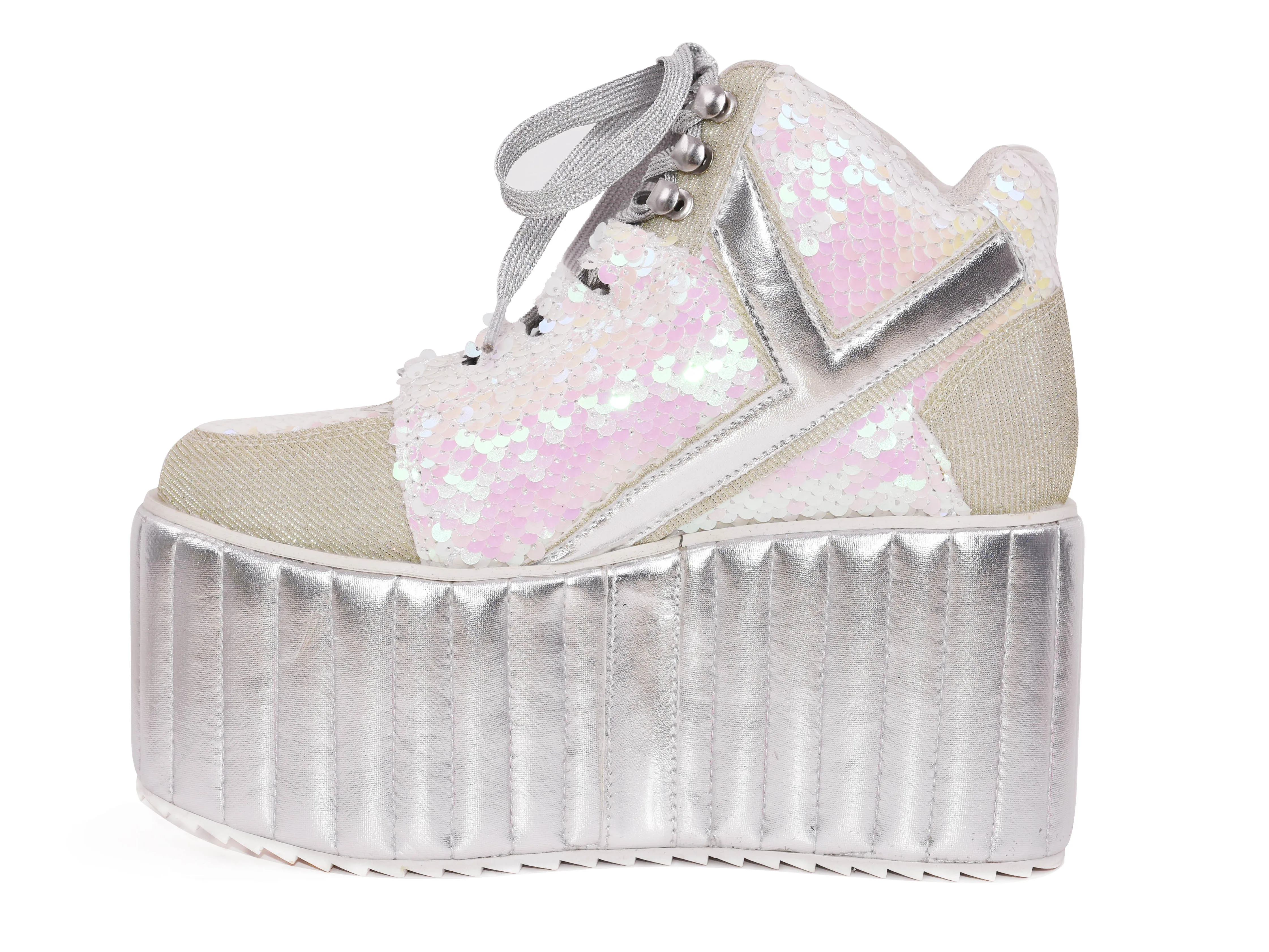 

Womens Round Toe Sequins Bling Star Shiny Lace Up Platform Wedge High Heel Shoes Pumps INS Fashion 2022New