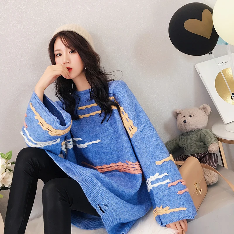SHENGPALAE Full Sleeve Print Round-neck Pullovers Lazy Women Straight Sweater New 2020 Autumn Winter Japan Korea Style FS478 | Женская