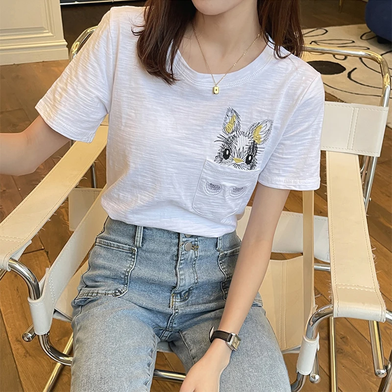 

Women Summer New Korean T Shirt Bamboo Fiber Cartoon Embroidery Tops O Neck Short Sleeve Casual Loose Cute Thin Tee Shirt Female