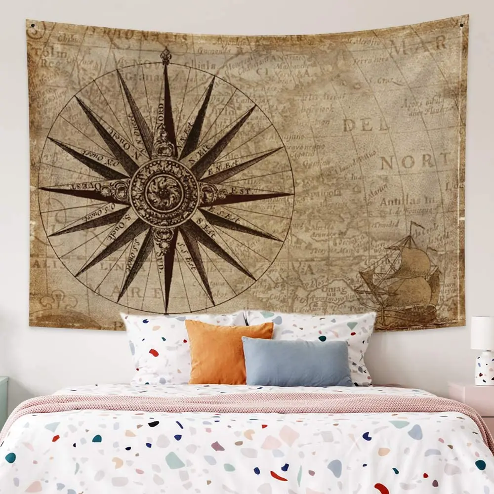 

Nautical Compass Map Tapestry Retro Sea Route Kraft Paper Art Development of Europe Wall Hanging for Living Room College Dorm