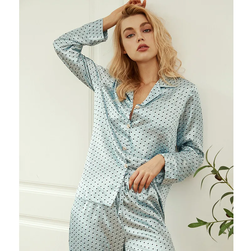 Women Stain Pajama Sets Dot Printed Silk-like Glossy Long Sleeve Top and Pants Nightwear Ladies Homewear Loungewear