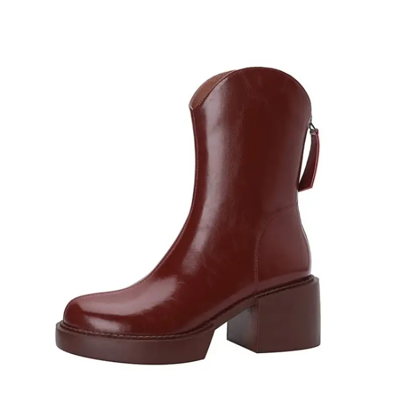 

Winter Fashion 2021 Casual And Simple Retro Trend Full Leather Western Round Toe Chunky Heel Zipper Ankle Boots