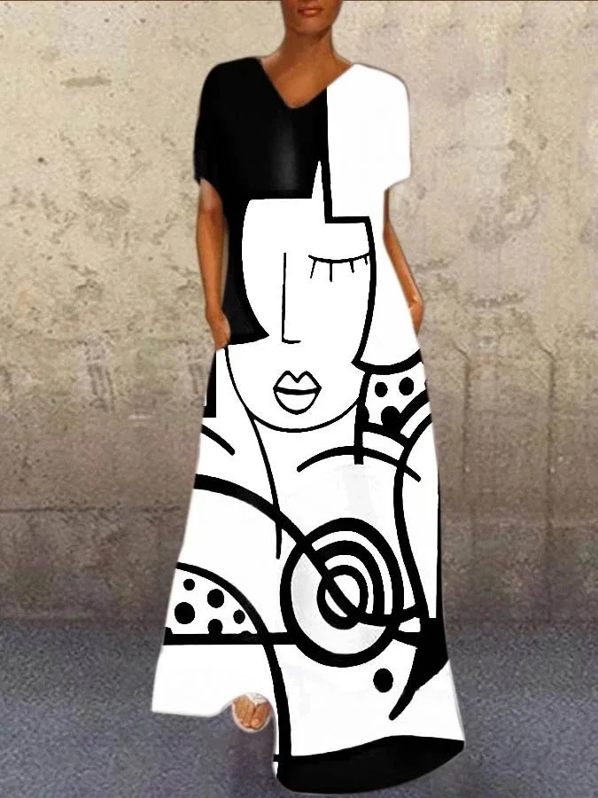 

Ladies Elegant Abstract Girl Printed Party Dresses Casual Short Sleeve V Neck Long Dresses Summer Loose Plus Size A-line Dresses