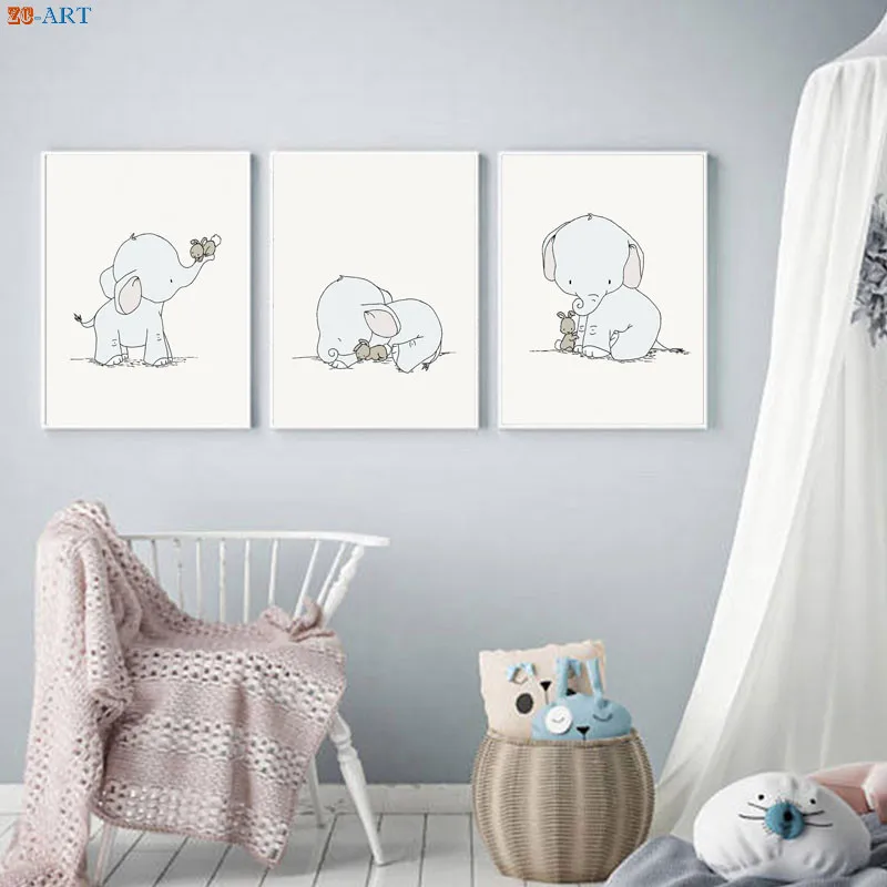 Детский постер с животными и слонами кроликами мультяшный холст рисунком для