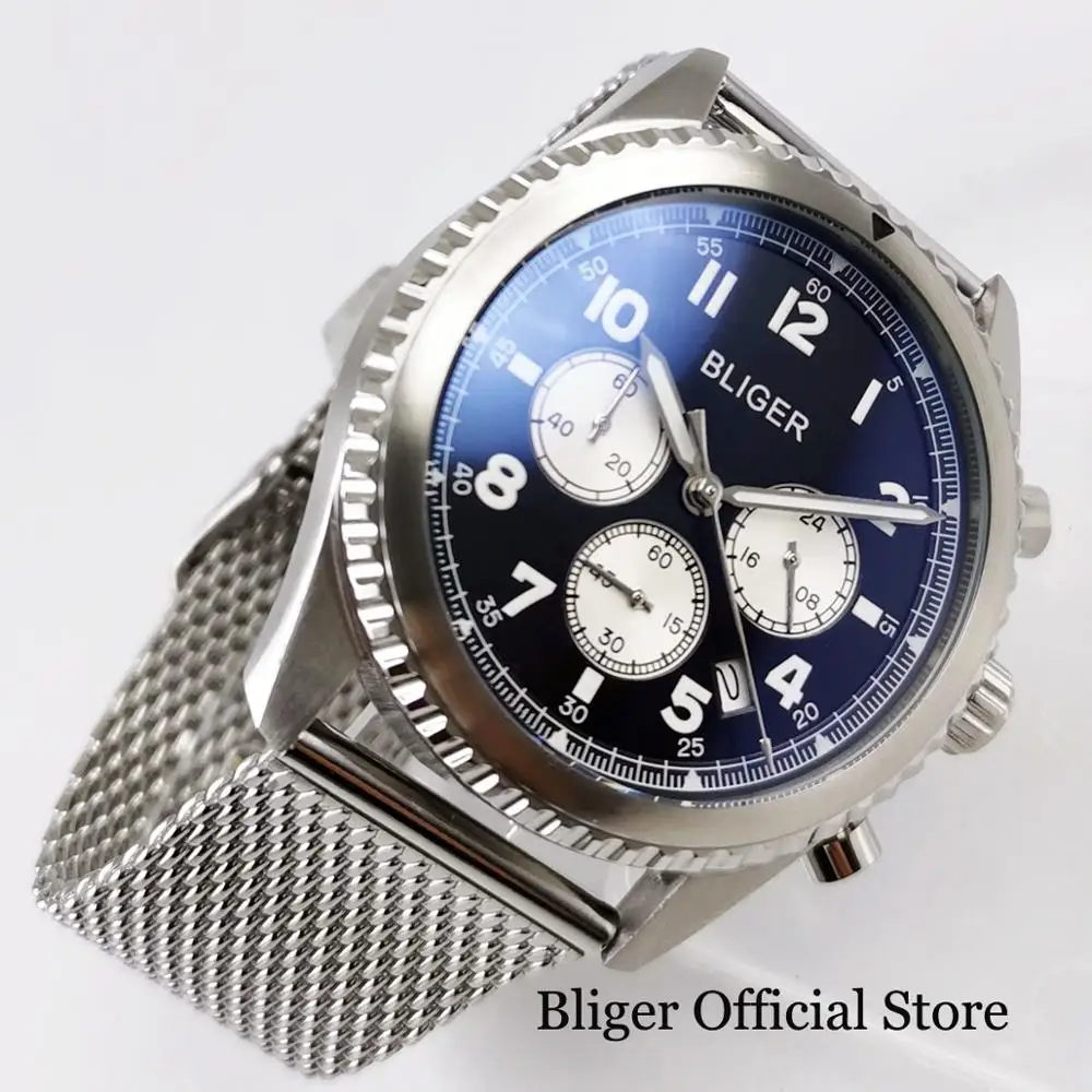 

BLIGER Brand Black Dial 45mm Quartz Watch Chronograph Date Function Rotating Bezel 24 Hours Mental Strap