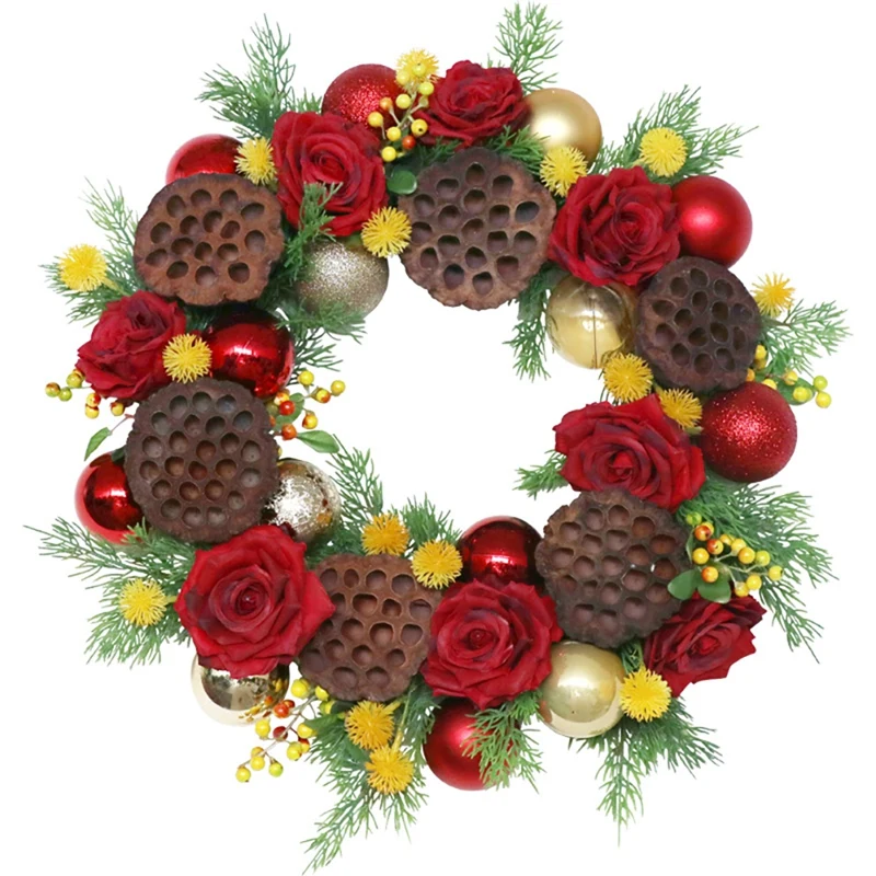 

Artificial Christmas Wreath with Dried Lotus Rose Flower Ball for Front Door Wall Window Farmhouse Home Decoration