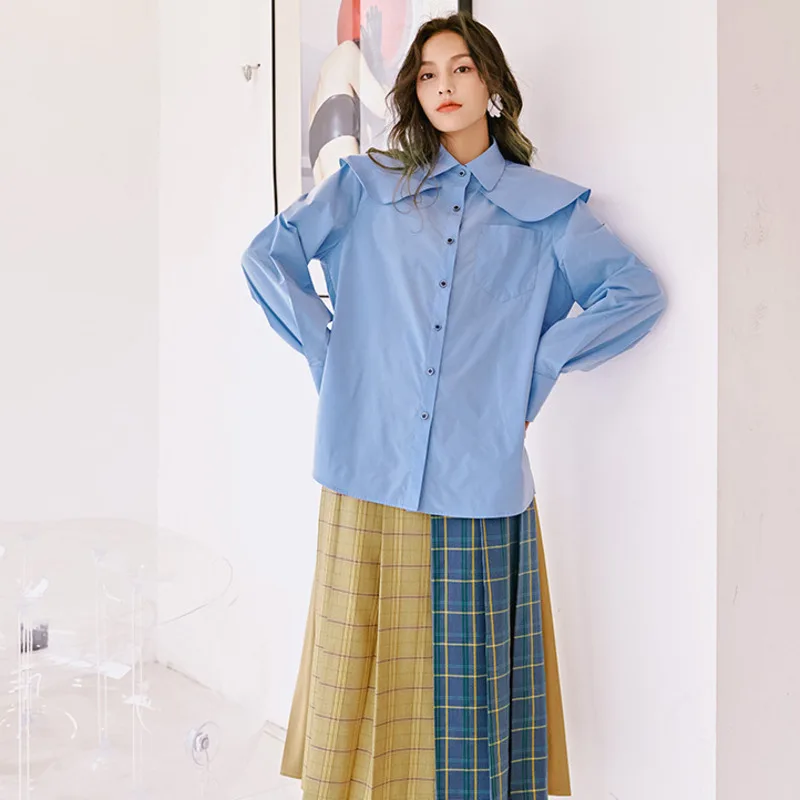 

LANMREM Women Blue Big Size Blouse Lapel Long Sleeve Loose Fit Lady Shirt Fashion Tide Spring Summer 2021 New Arrivals 2E1842