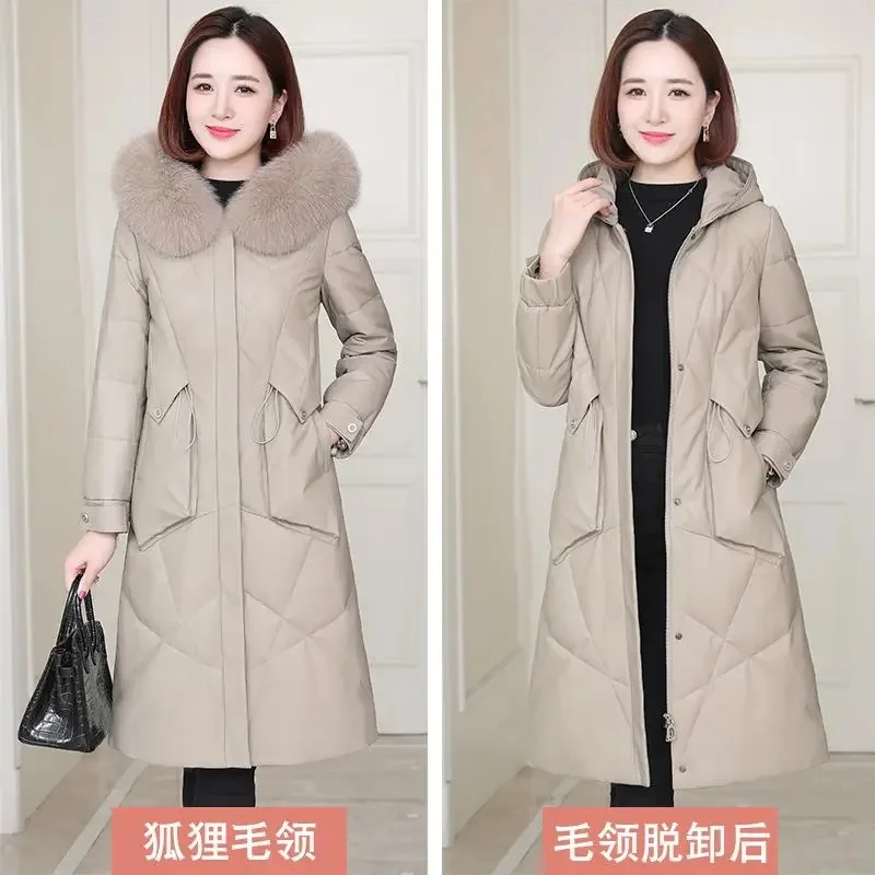 High-End Down Cotton Jacket Female pu Leather Mid-Length 2022 New Haining Faux Fur Slimming Temperament Sheepskin Jacket Wome