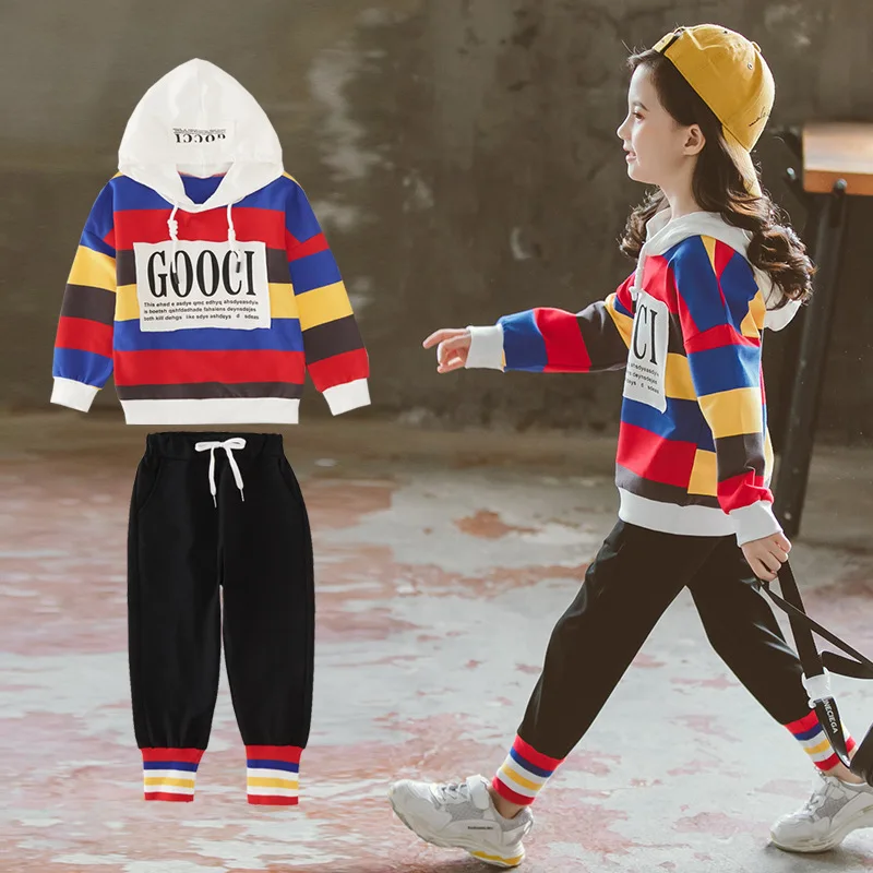 striped Детская одежда Спортивный костюм для девочек, коллекция года, весенний комплект одежды с капюшоном для детей, топы+ штаны, 2 предмета, спортивные костюмы для девочек-подростков одежда для малышей - Цвет: striped