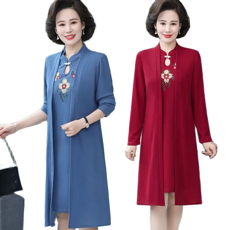 

Dress suits Middle-Aged Female 2021 Spring Autumn New 2pcs Temperament Mother Long-Sleeved Over-The-Knee Long Dresses Sets 21