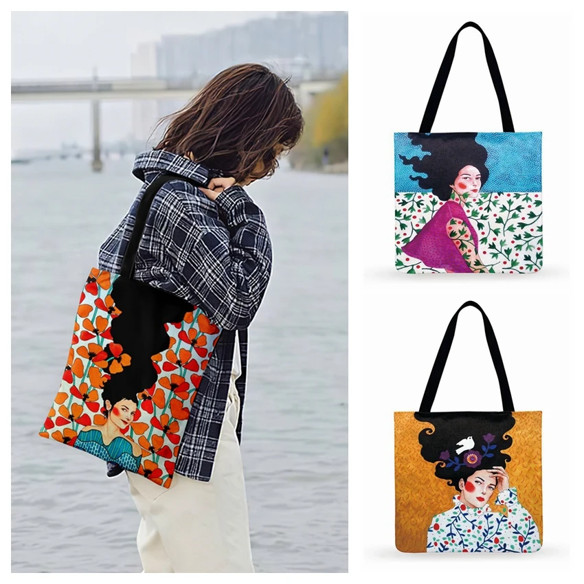 

Foldable Shopping Bag Modern Floral Girls Painting Print Tote Bag For Women Casual Tote Ladies Shoulder Bag Outdoor Beach Bags