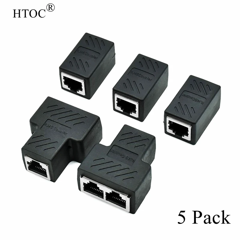 

HTOC 5 Pack RJ45 Splitter Connectors Adapter 2 Pack Female 1 To 2 and 3Pack Female 1 To 1 Network Socket Adapter For Cat5 Cat6