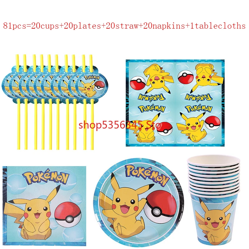 

Pokemon Party Decoration Set Disposable Paper Cups Plates Banner Children Birthday Cartoon Theme Room Decorate Christmas Gifts