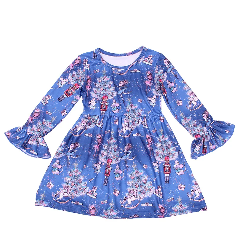 Платье для девочек осенне-зимнее темно-синее с длинными рукавами и оборками до