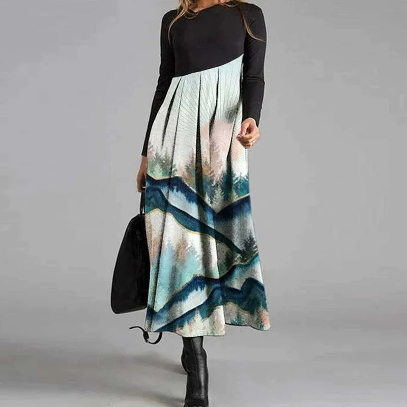 

Women Vintage Patchwork A-Line Dress 2021 Autumn Elegant Long Sleeve Party Dresses Ladies Casual Plus Size Pleated Dress Vestido