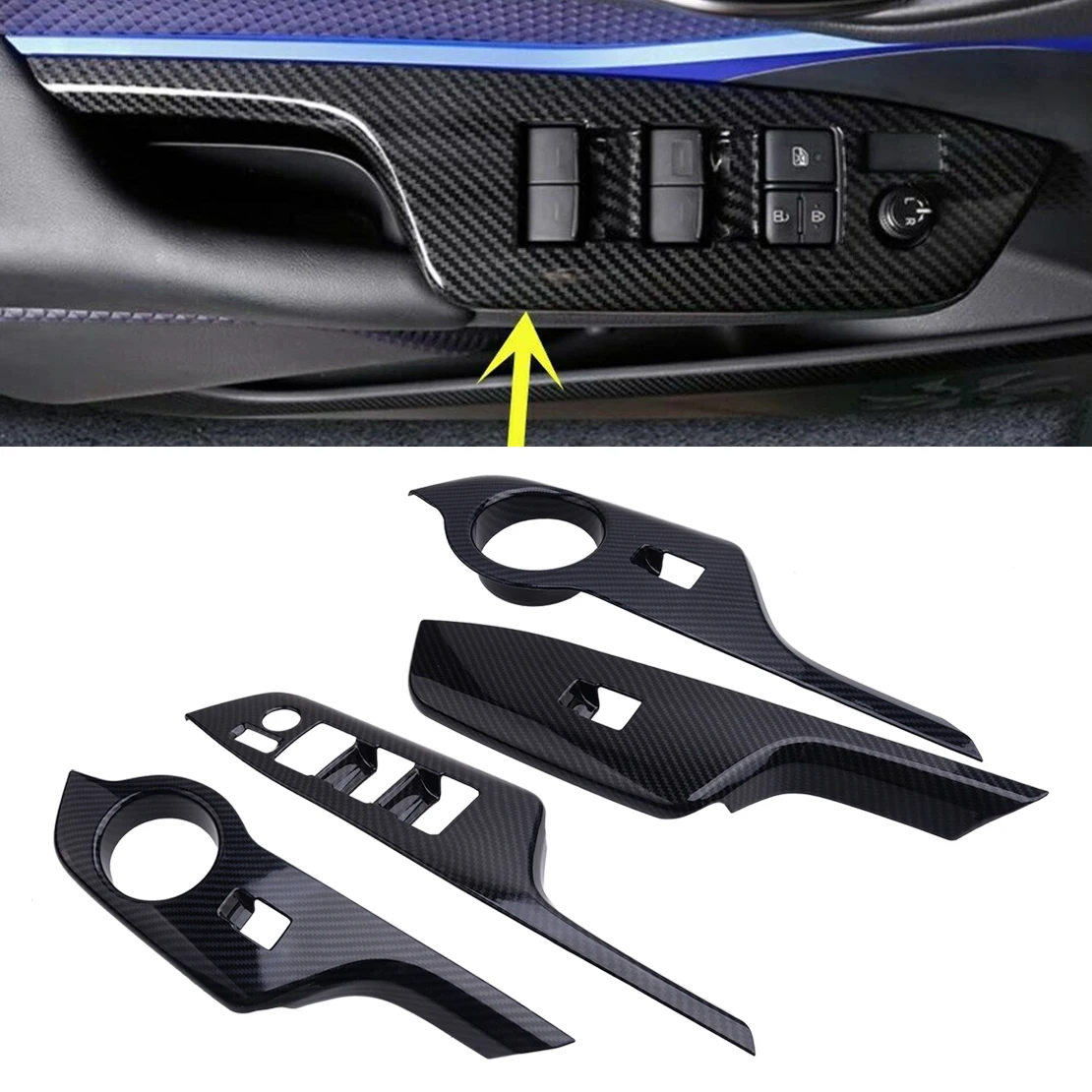 

4 Pcs Carbon Fiber Style Black Inner Window Switch Panel Cover Trim Moulding ABS Fit for Toyota CHR 2016 2017 2018 2019