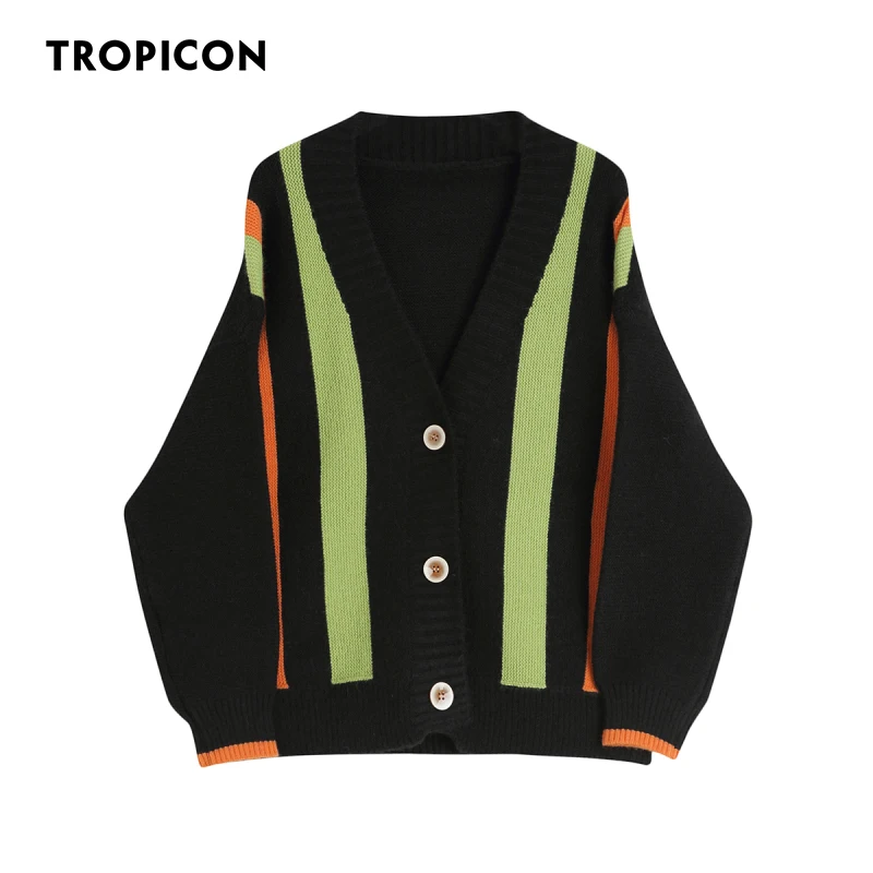 

TROPICON Fall 2021 Striped Sweater Cardigan Womens Fashion V Neck Button Up Black Thin Cardigan Color Block Autumn Clothes