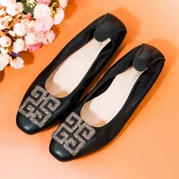 aucvee korean spring women shoes rhinestone square toe lady ballet flat shoes genuine leather casual shallow shoes woman loafers