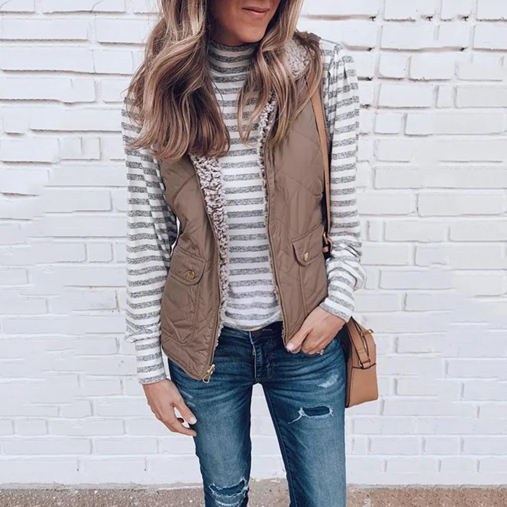 

Женская Повседневная Осенняя теплая куртка без рукавов, легкий жилет на молнии с пушистым флисом и карманами, верхняя одежда