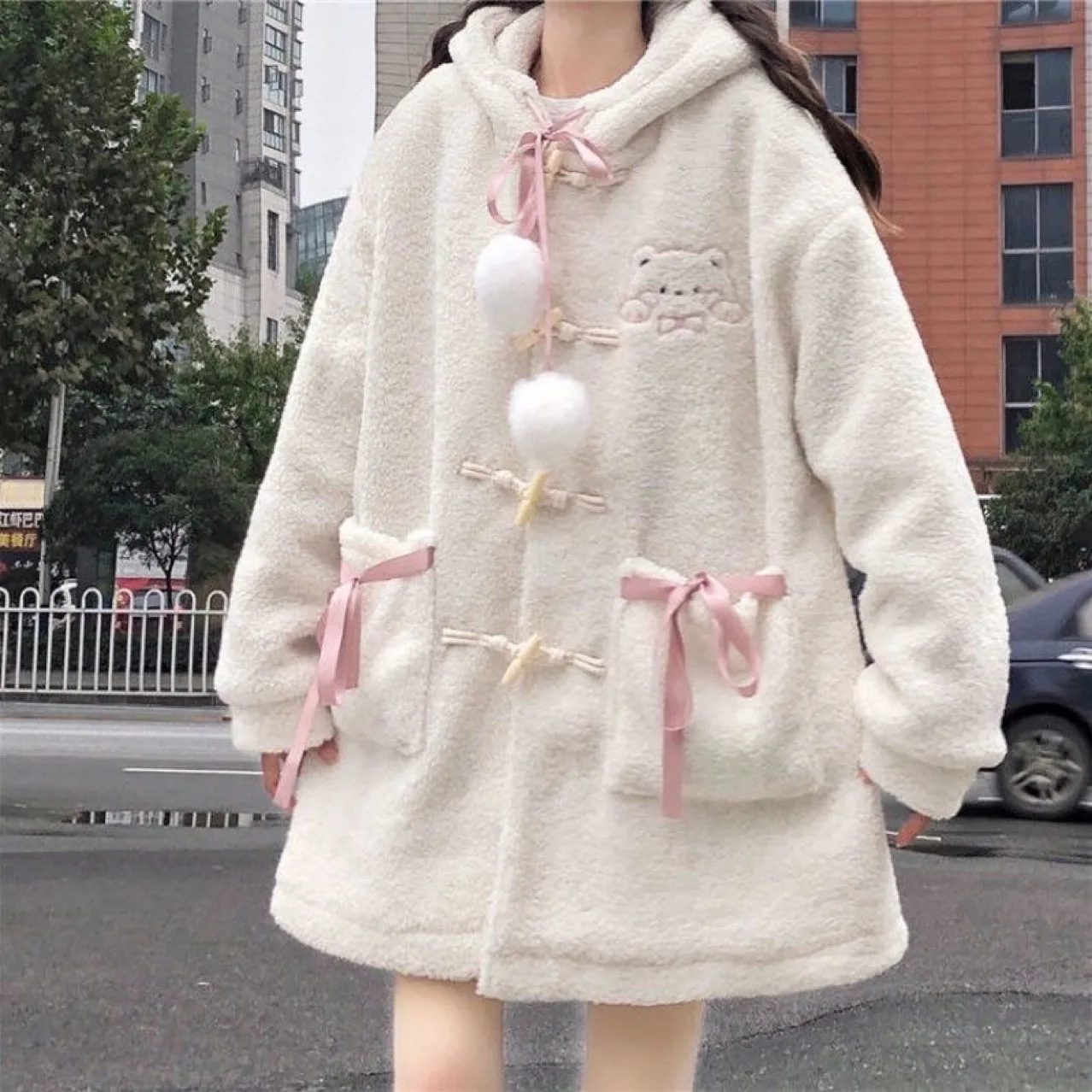 

Cute Korean Coats Women Winter Fashion Loose Mid-length Plush Jacket Hooded Long Coat Women Lugentolo