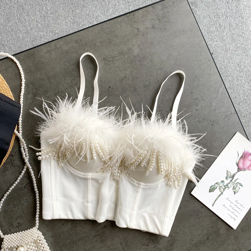 Sexy and Club Style Pearl Tassels and Fur Decorated Spaghetti Strap Top Women Short Design Bra Top TN1750