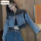 Женская джинсовая куртка VmewSher, короткая комбинированная куртка с длинным рукавом, в стиле пэчворк, уличная одежда, 2020